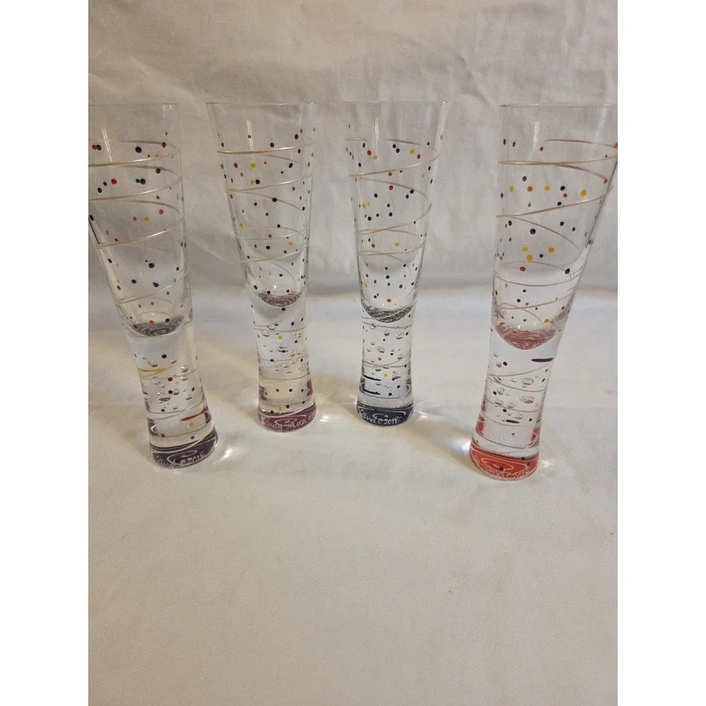 Mindy Sand Bubble Champagne Flutes Set of 4 Signed 2018 Hand Painted Art Glass